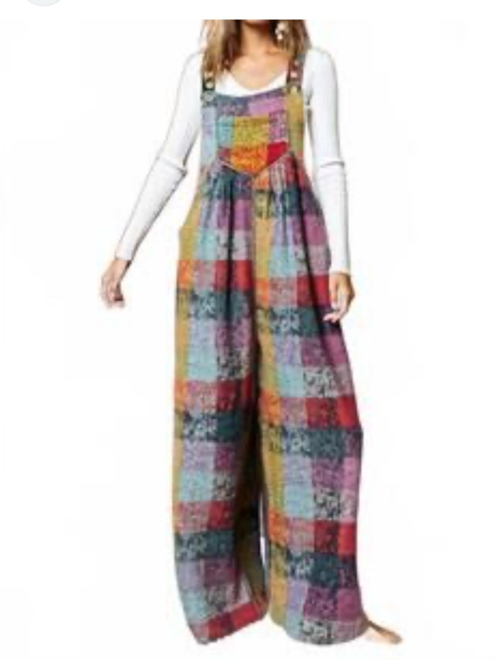 BiBi Multi-Color Plaid Wide Leg Palazzo Overalls - Size S